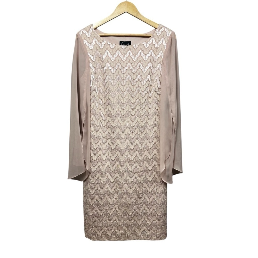 Connected Apparel Taupe Lace Sheath Dress with Chiffon Sleeves, Size 10